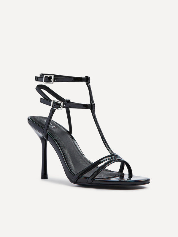 Linzi Black Patent T-Bar Strappy Stiletto Heels