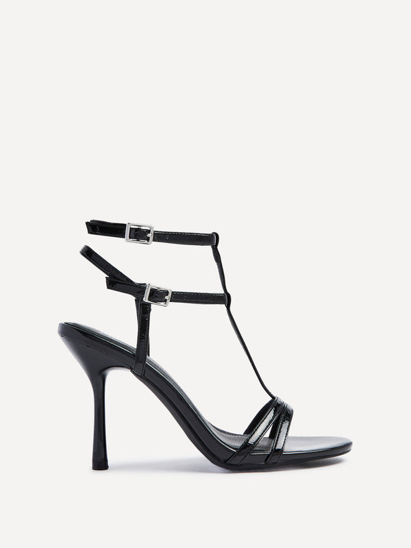 Linzi Black Patent T-Bar Strappy Stiletto Heels