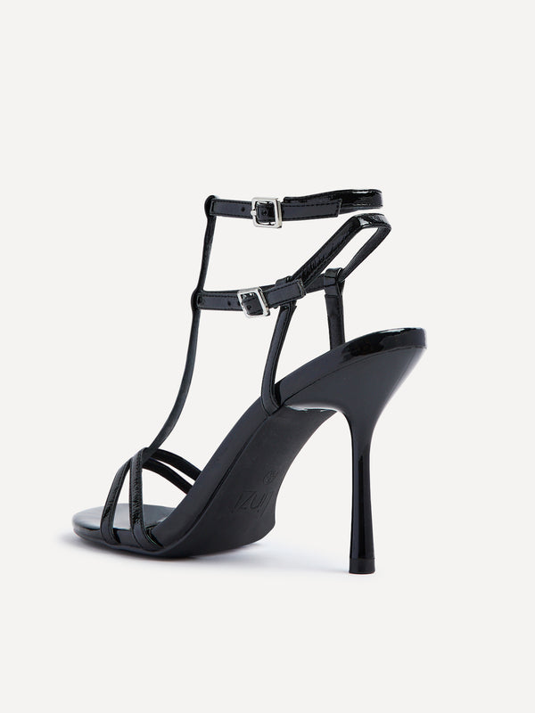Linzi Black Patent T-Bar Strappy Stiletto Heels