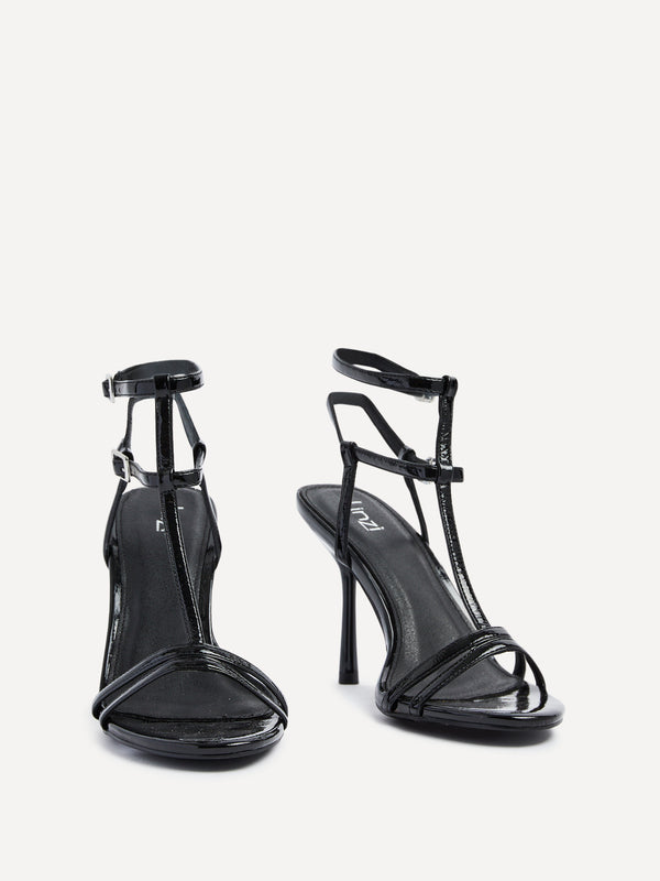 Linzi Black Patent T-Bar Strappy Stiletto Heels