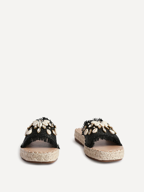 Linzi Black Raffia Shell Embellished Flat Slider