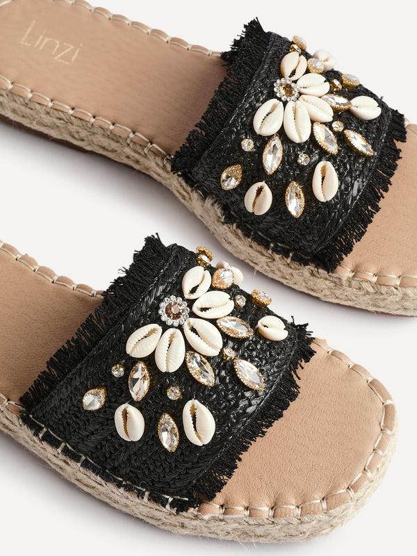 Linzi Black Raffia Shell Embellished Flat Slider