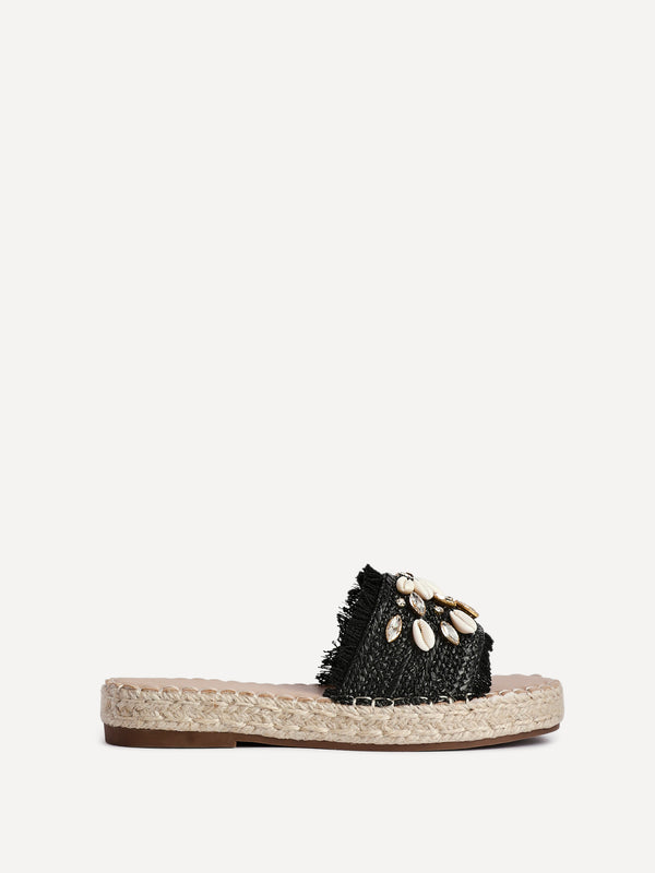 Linzi Black Raffia Shell Embellished Flat Slider
