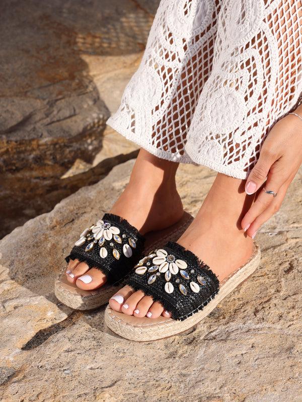 linzi Black Raffia Shell Embellished Flat Slider
