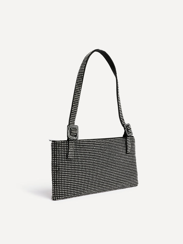 Linzi Black Satin All Over Diamante Shoulder Bag