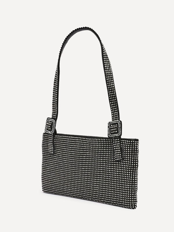 Linzi Black Satin All Over Diamante Shoulder Bag