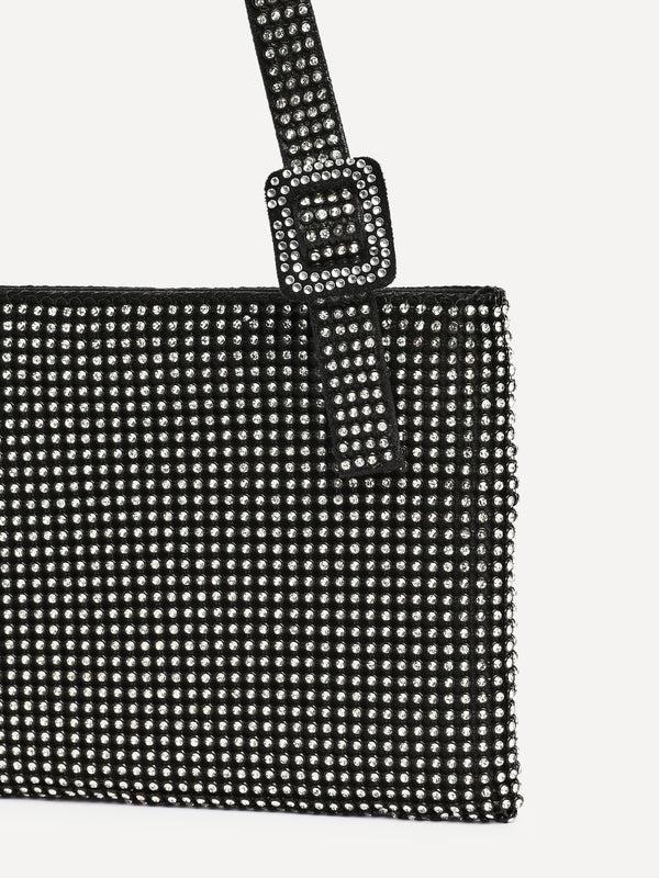 linzi Black Satin All Over Diamante Shoulder Bag