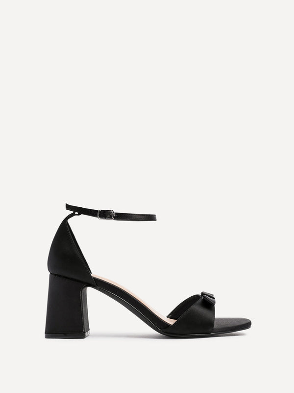 Linzi Black Satin Block Heel With Bow Detail