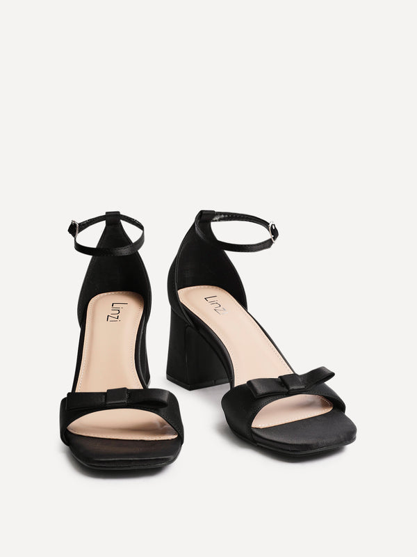 Linzi Black Satin Block Heel With Bow Detail