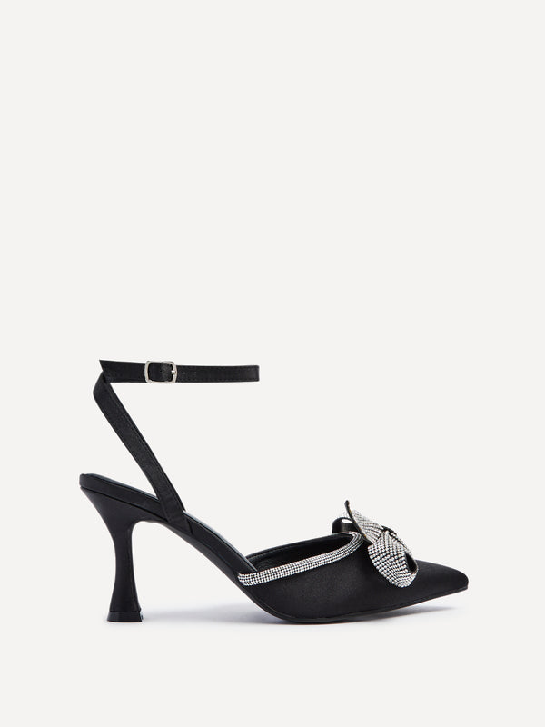 Linzi Black Satin Diamante Bow Detail Court Heel