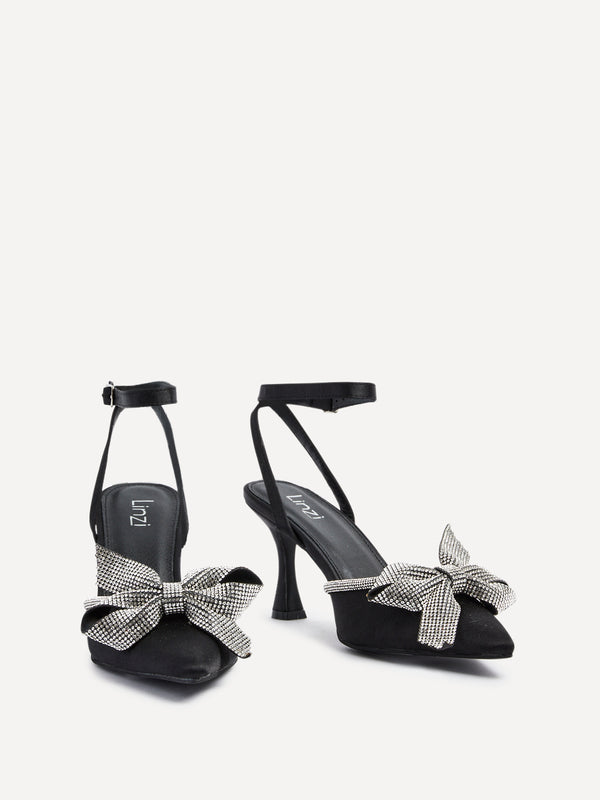 Linzi Black Satin Diamante Bow Detail Court Heel