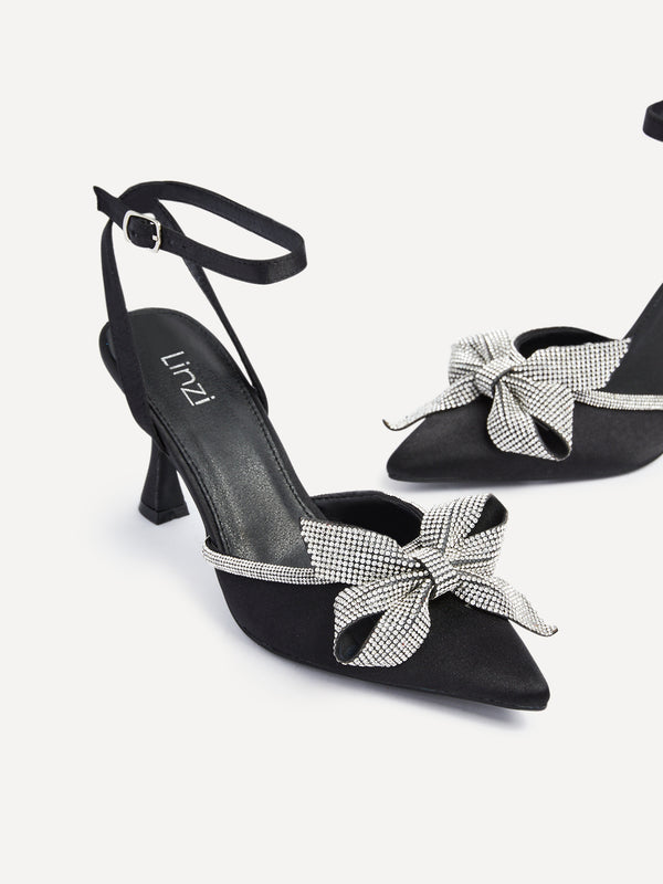 Linzi Black Satin Diamante Bow Detail Court Heel