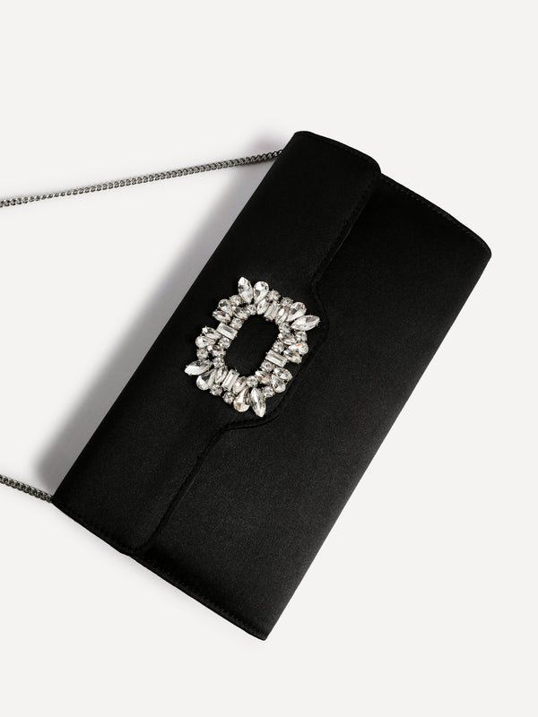 Linzi Black Satin Diamante Trim Clutch Bag
