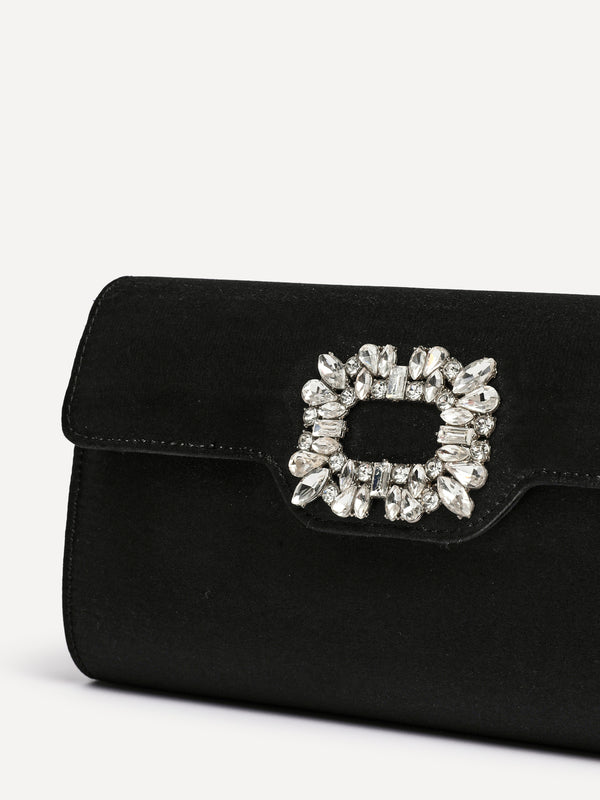 linzi Black Satin Diamante Trim Clutch Bag