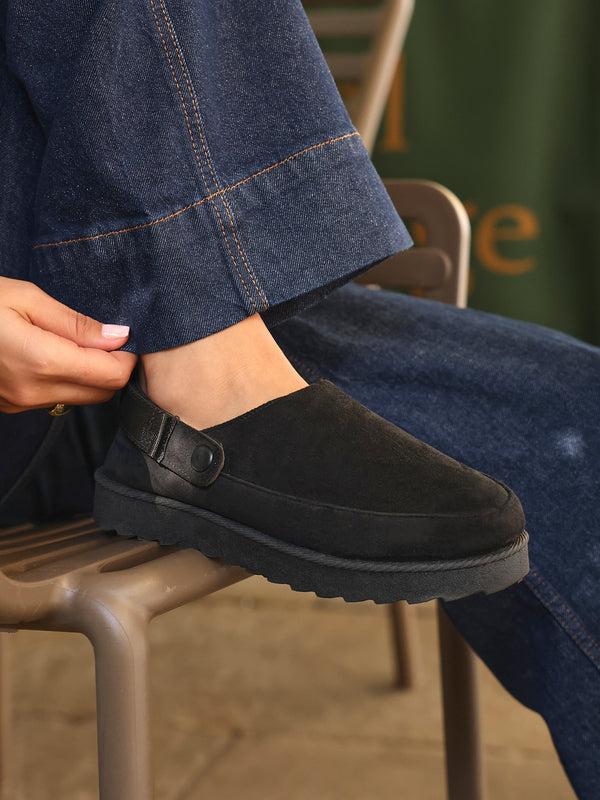 linzi Black Slip-On Slingback Clog With Faux Fur