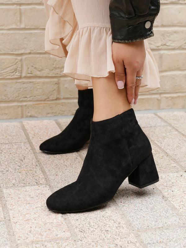 linzi Black Suede Block Heel Ankle Boot