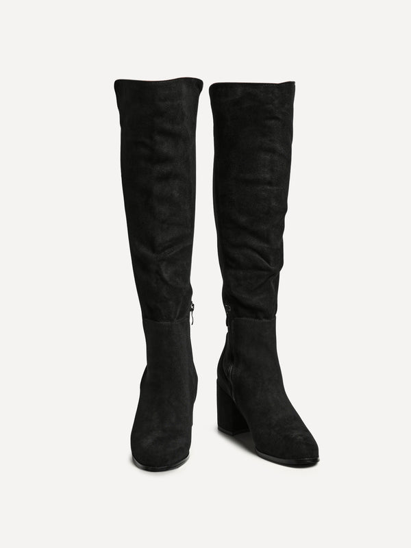 Linzi Black Suede Block Heeled Knee High Boot