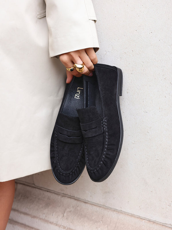 linzi Black Suede Leather Ruched Loafer