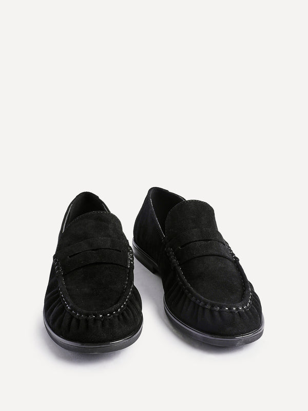 Linzi Black Suede Leather Ruched Loafer