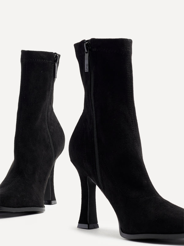 Linzi Black Suede Square Toe Heeled Sock Boot