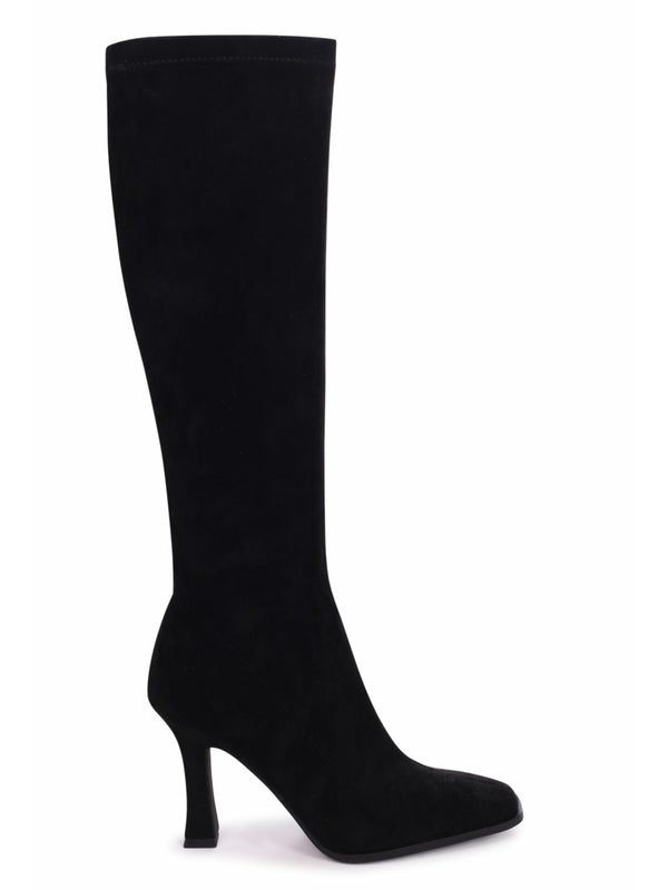 Linzi Black Suede Square Toe Heeled Sock Boot