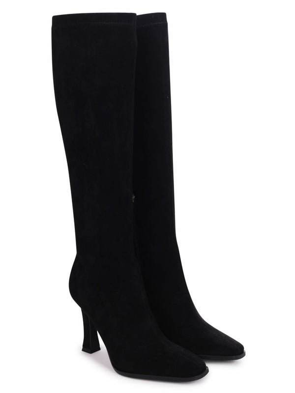 Linzi Black Suede Square Toe Heeled Sock Boot