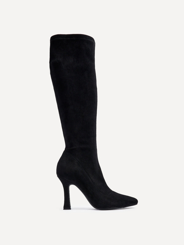 Linzi Black Suede Square Toe Knee High Heeled Boot