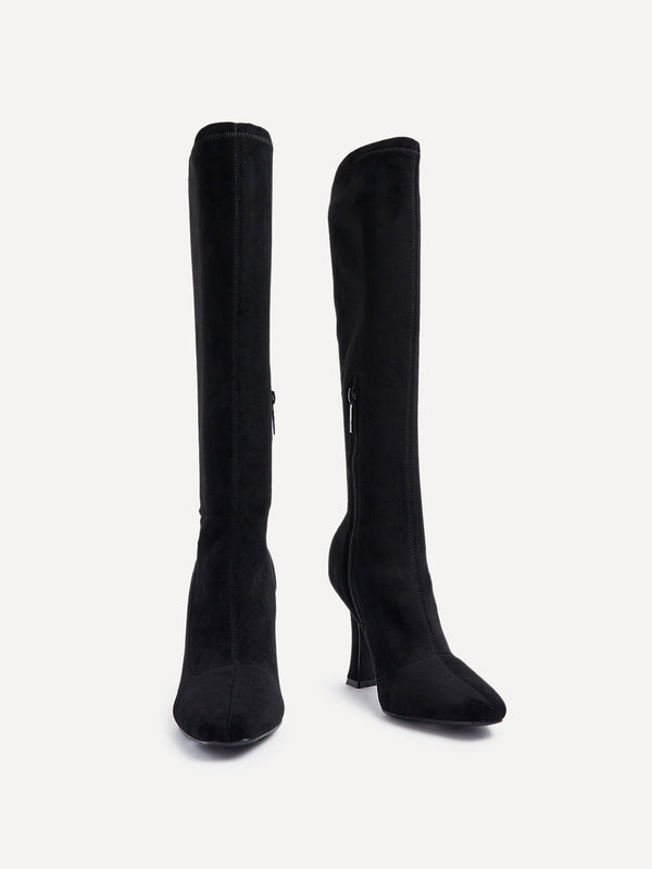 Linzi Black Suede Square Toe Knee High Heeled Boot