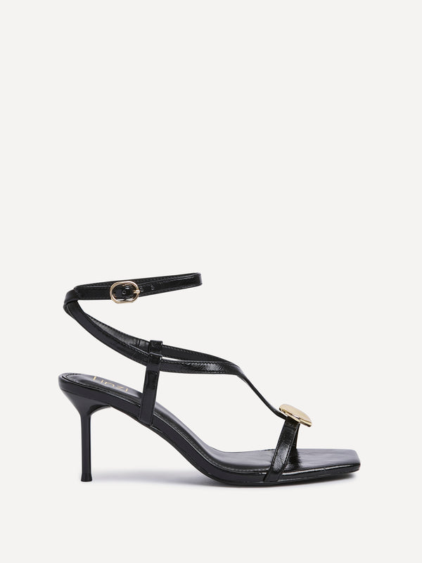 Linzi Black T-Bar Heels With Gold Accent