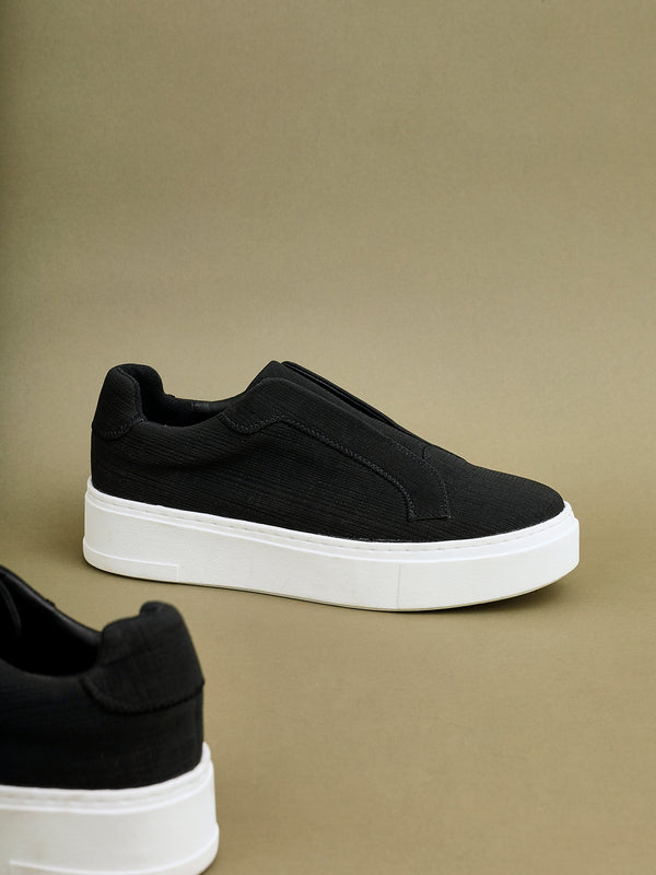 linzi Black Textured Slip On Platform Trainers