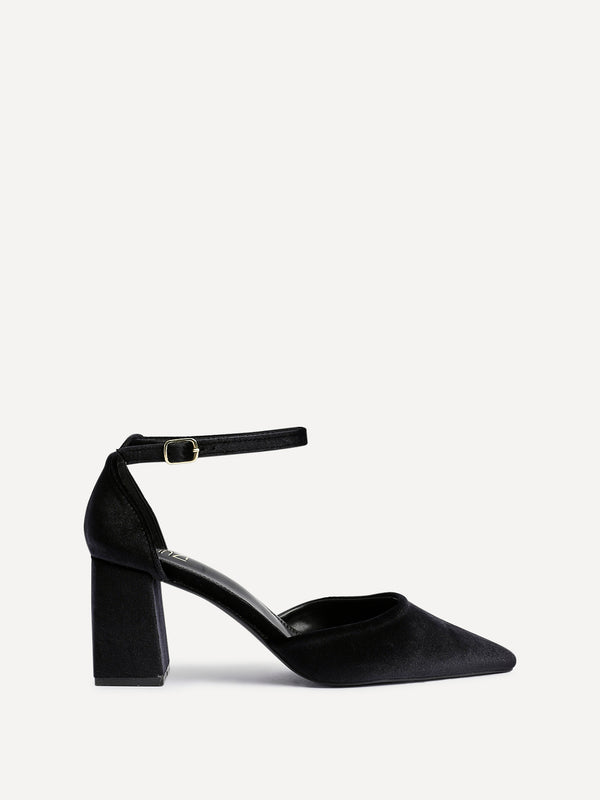 Linzi Black Velvet Pointed Block Heel Courts