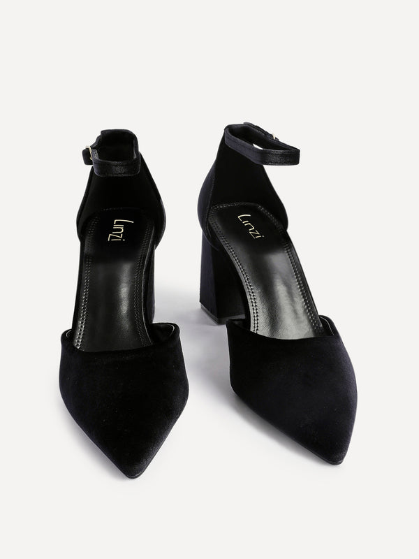 Linzi Black Velvet Pointed Block Heel Courts