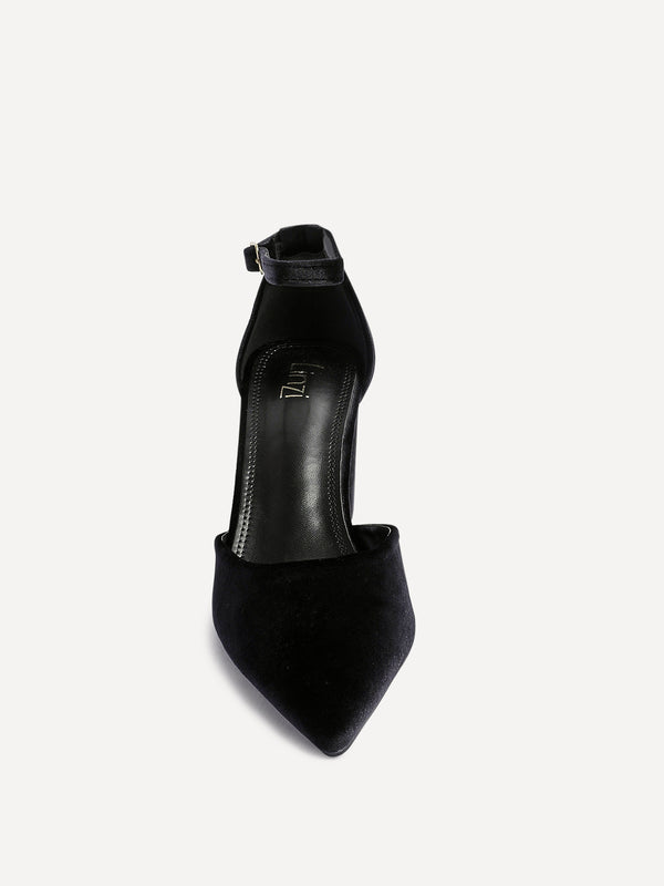 Linzi Black Velvet Pointed Block Heel Courts