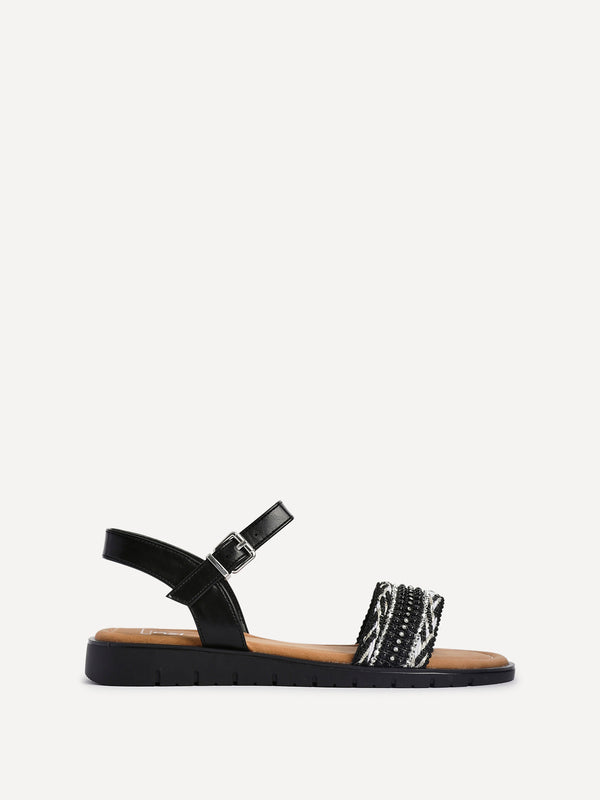 Linzi Black Weaved Embellished Flat Sandals