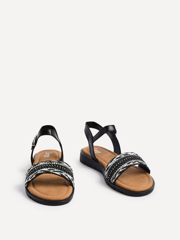 Linzi Black Weaved Embellished Flat Sandals
