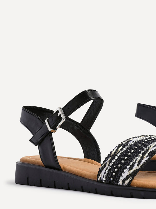 Linzi Black Weaved Embellished Flat Sandals