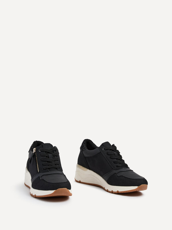 Linzi Black Wedge Trainer With Mesh & Zip Detail