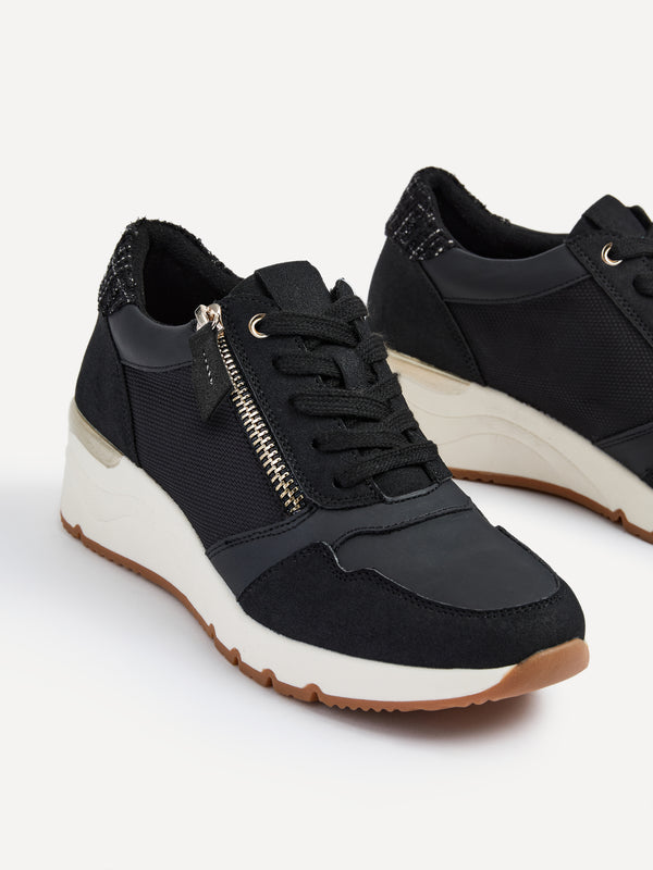 Linzi Black Wedge Trainer With Mesh & Zip Detail