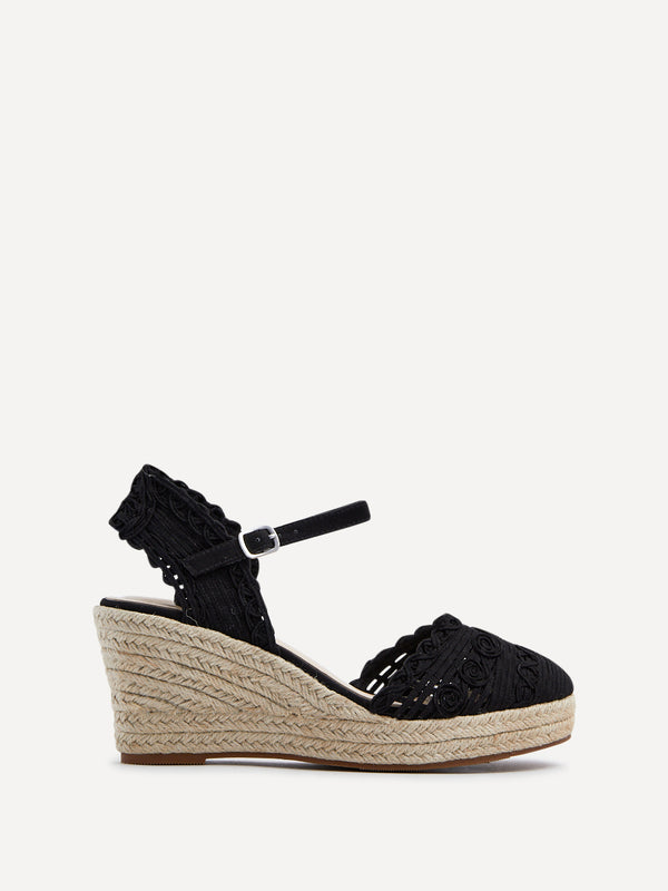 Linzi Black Woven Closed Toe Espadrille Wedge