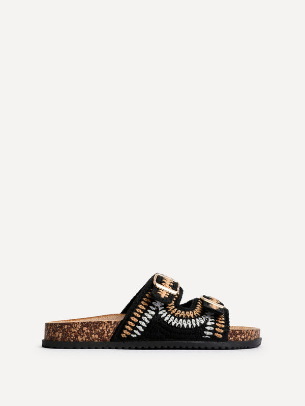 Linzi Black Woven Double Buckle Footbed Sandal