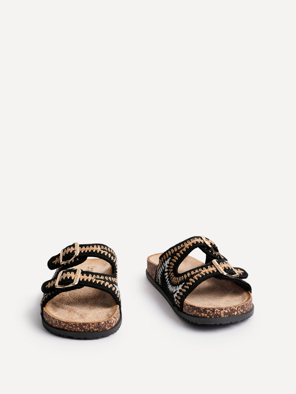 Linzi Black Woven Double Buckle Footbed Sandal