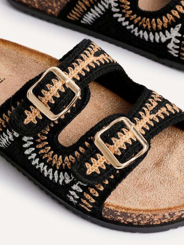 Linzi Black Woven Double Buckle Footbed Sandal