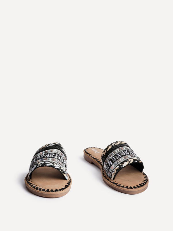 Linzi Black Woven Embellished Flat Sandals