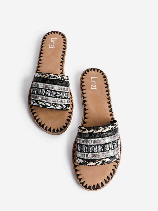 Linzi Black Woven Embellished Flat Sandals