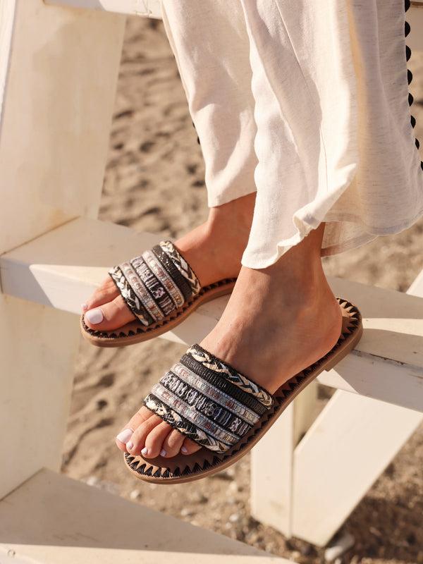 linzi Black Woven Embellished Flat Sandals