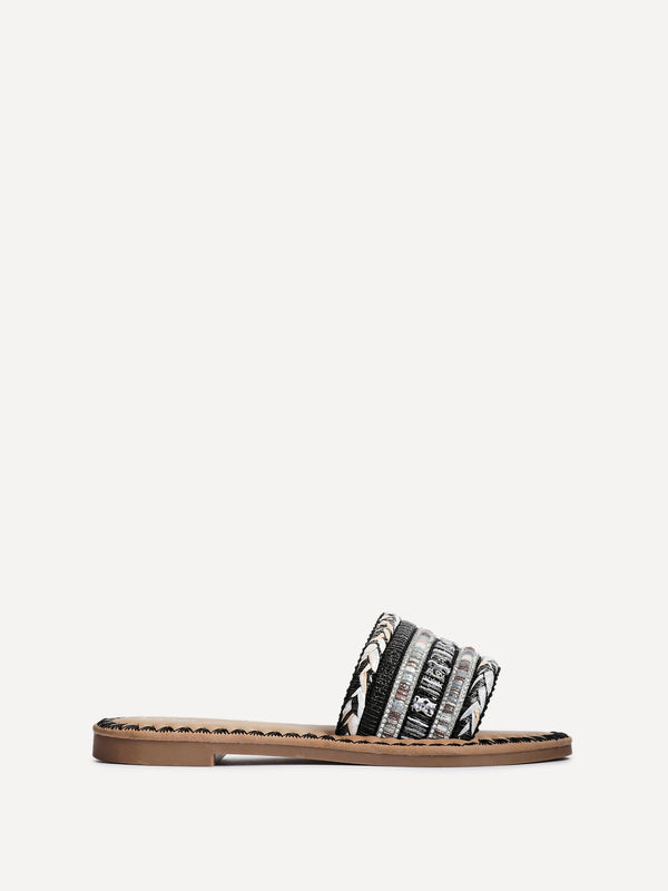 Linzi Black Woven Embellished Flat Sandals