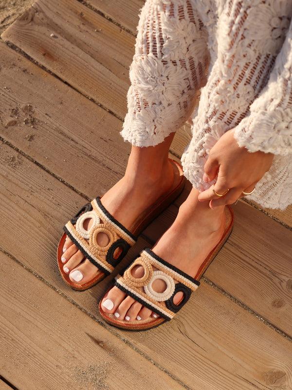 linzi Black Woven Footbed Slider Sandals