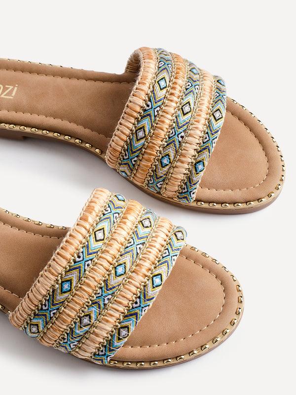 Linzi Blue Bohemian Inspired Flat Slider Sandal