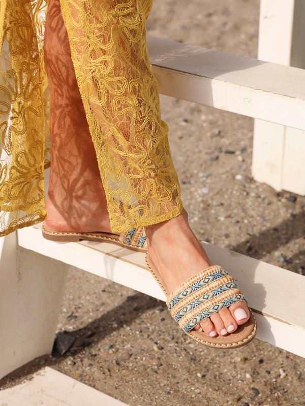 linzi Blue Bohemian Inspired Flat Slider Sandal