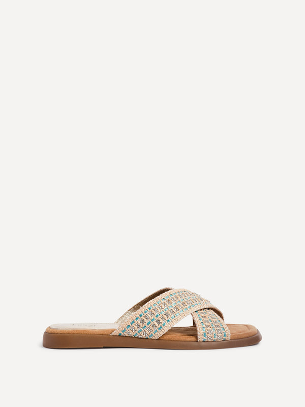 Linzi Blue Embellished Raffia Flat Slider Sandal